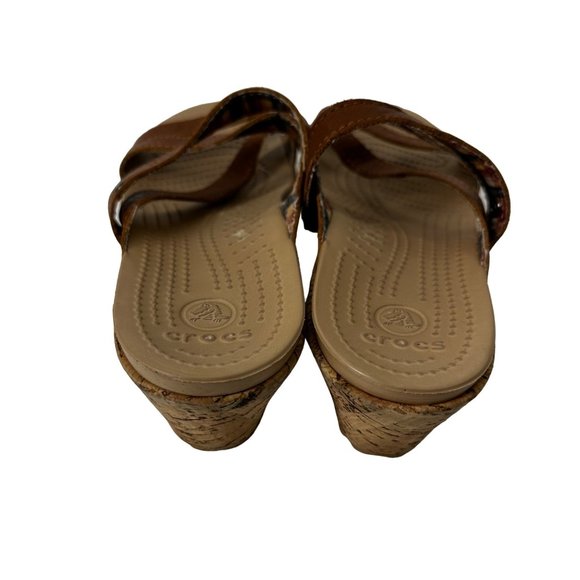 Crocs Sandals Brown Leather A-Leigh Cork Low Wedge Size 8 Slip On - Picture 3 of 11